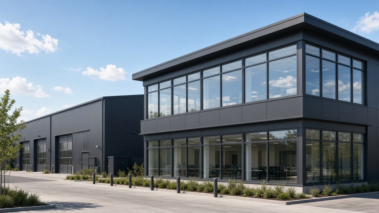 Factory office pavilion beside a workshop hall