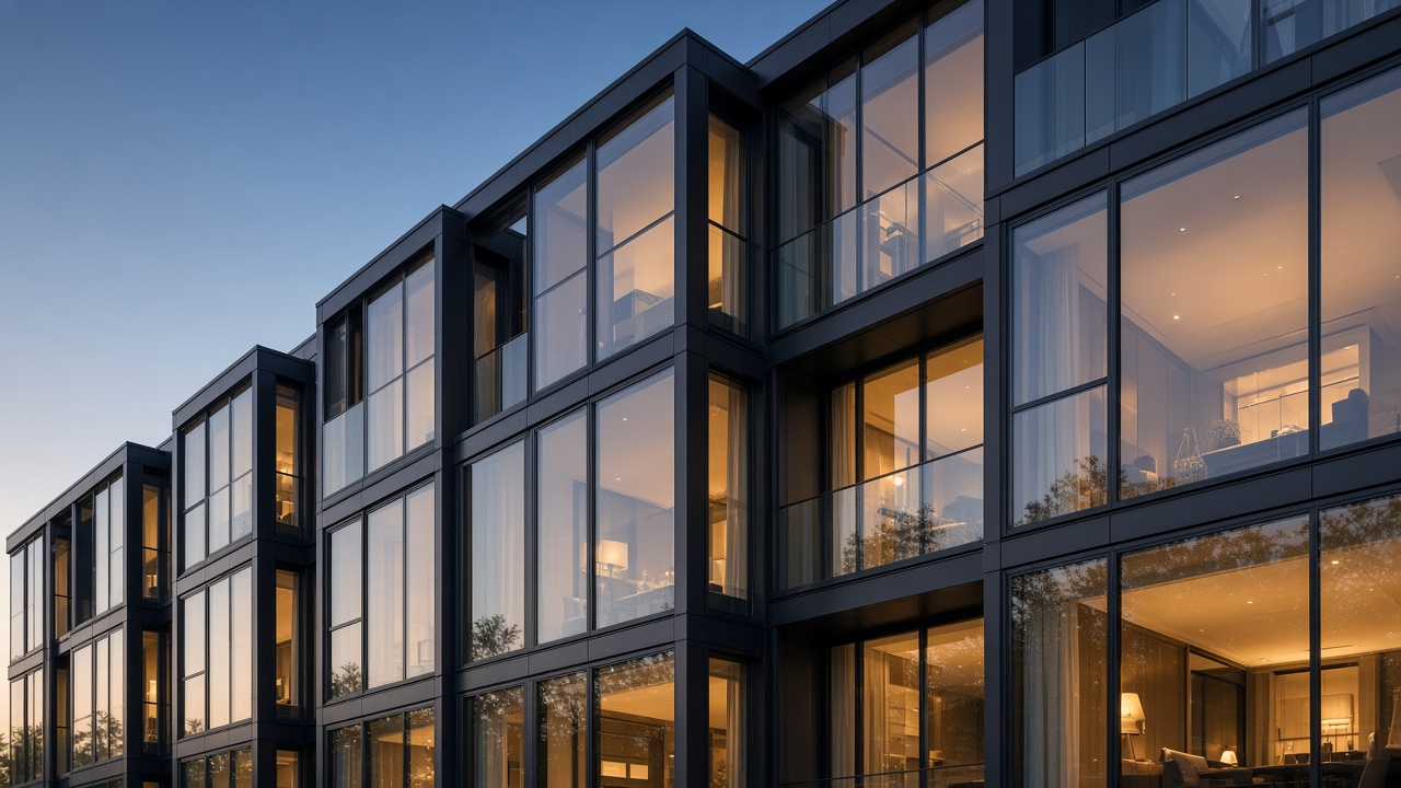 Unitized aluminium curtain-wall on a residential elevation