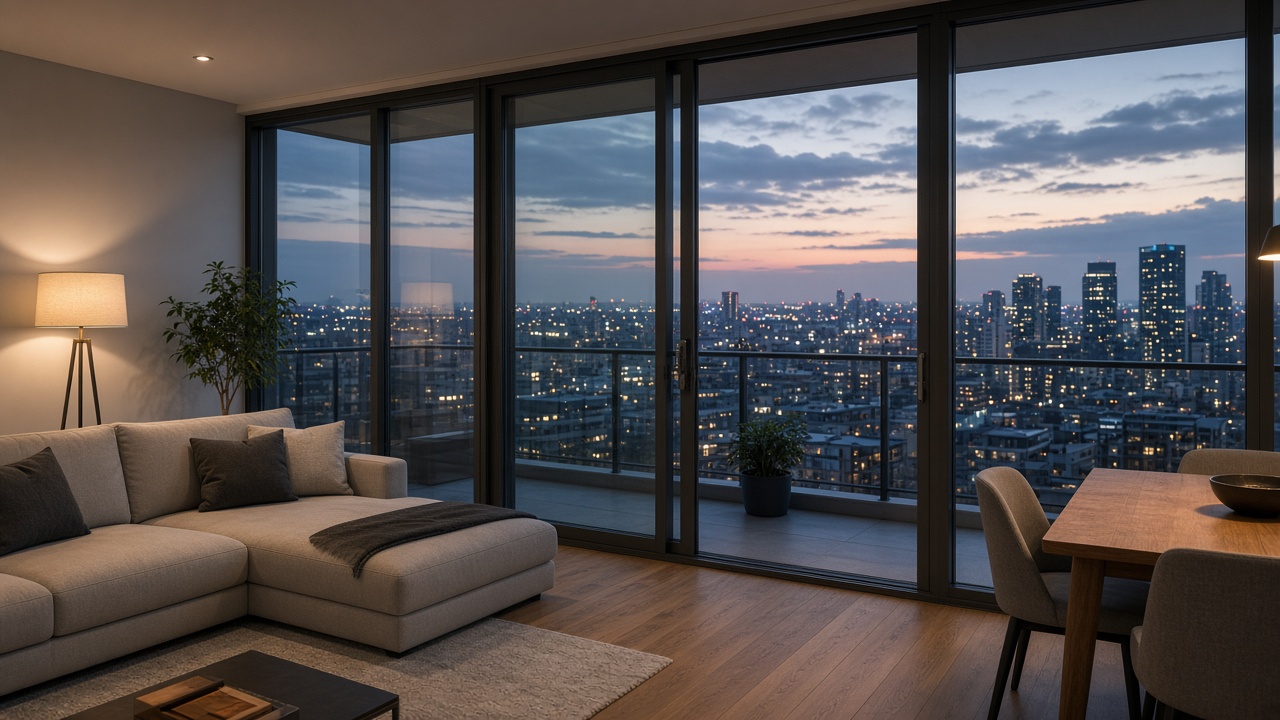 Apartment living room looking through aluminium glass