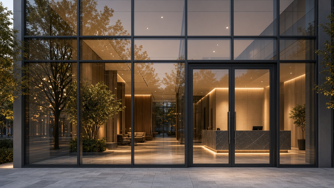 Ground-floor glazed lobby of a residential development