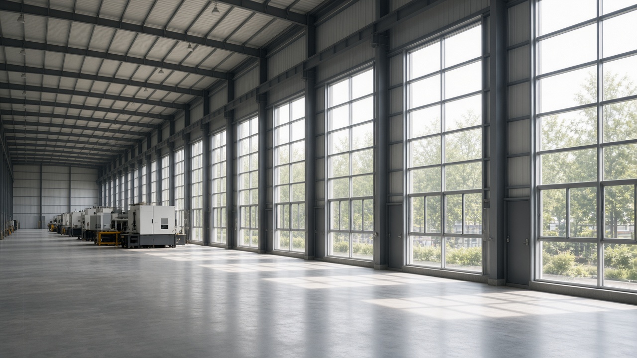 Factory hall with repeating high aluminium windows
