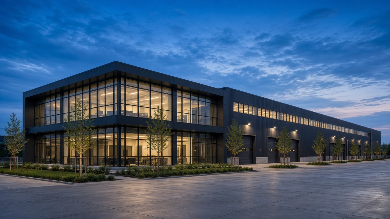 Factory pavilion and hall at dusk