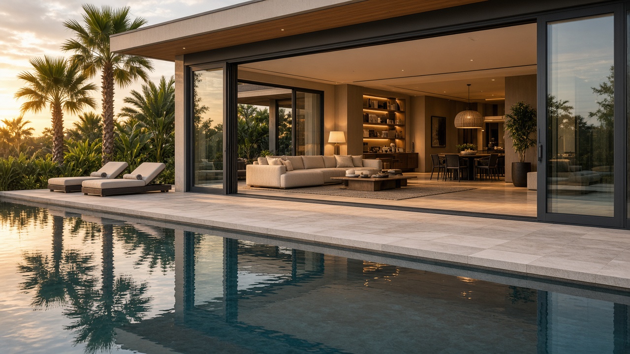 Villa pool with lift-slide doors open