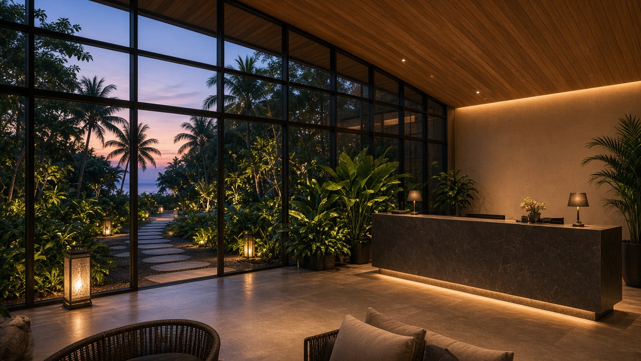 Hotel or resort lobby with aluminium glass wall