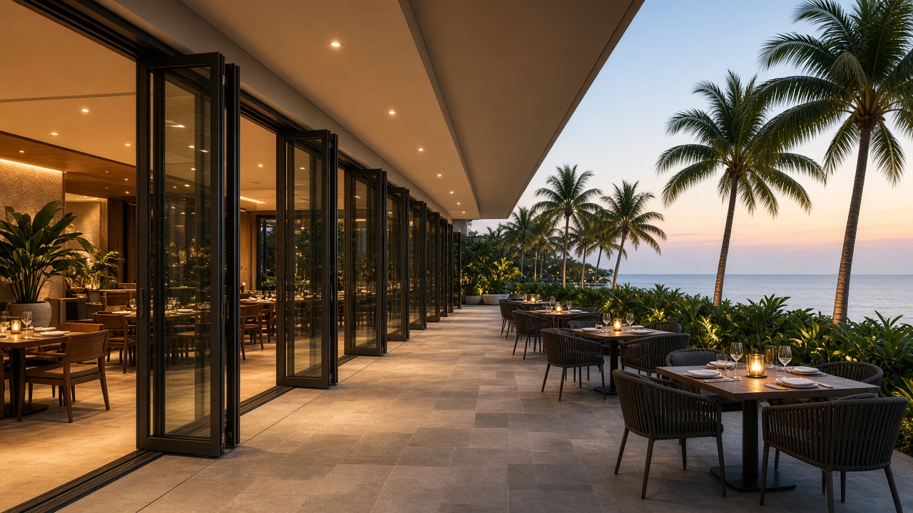 Restaurant terrace with folding aluminium glass