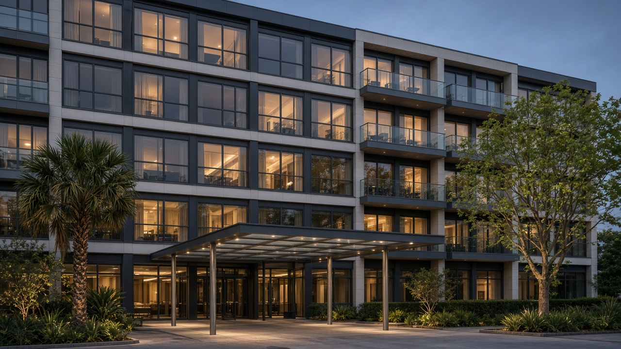 Hotel facade with repeating aluminium windows