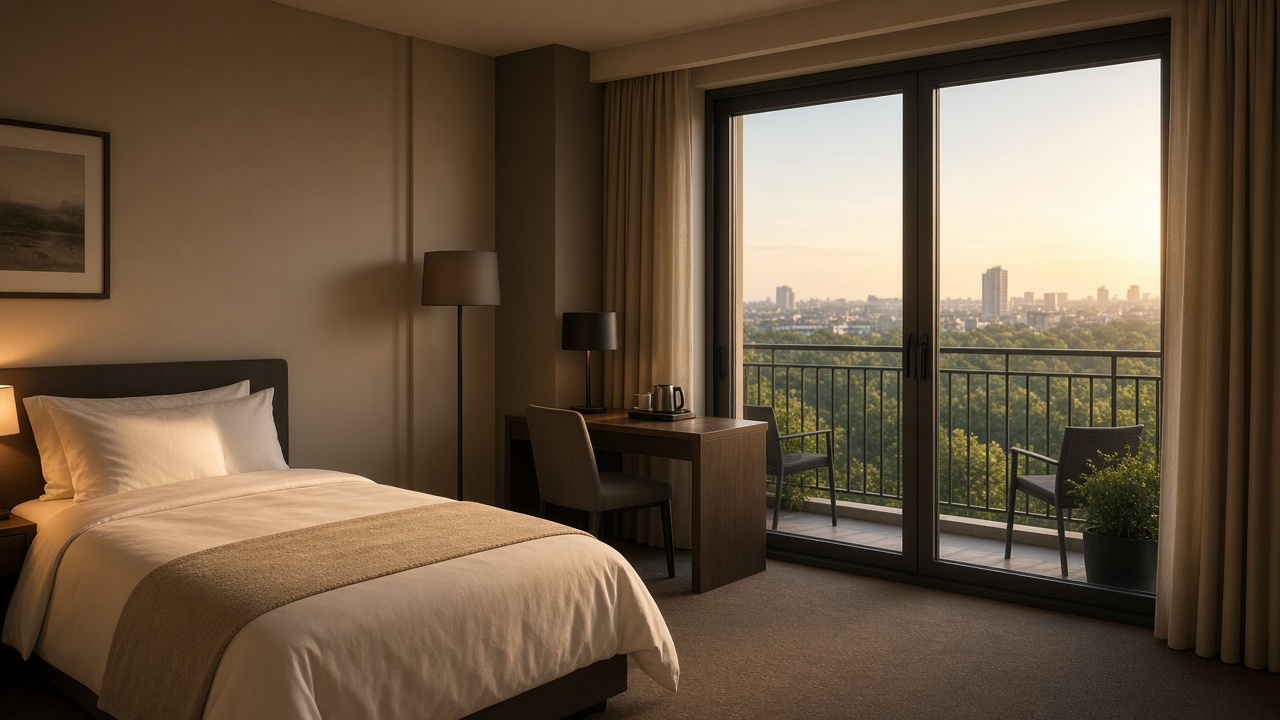 Hotel room with sliding door to balcony