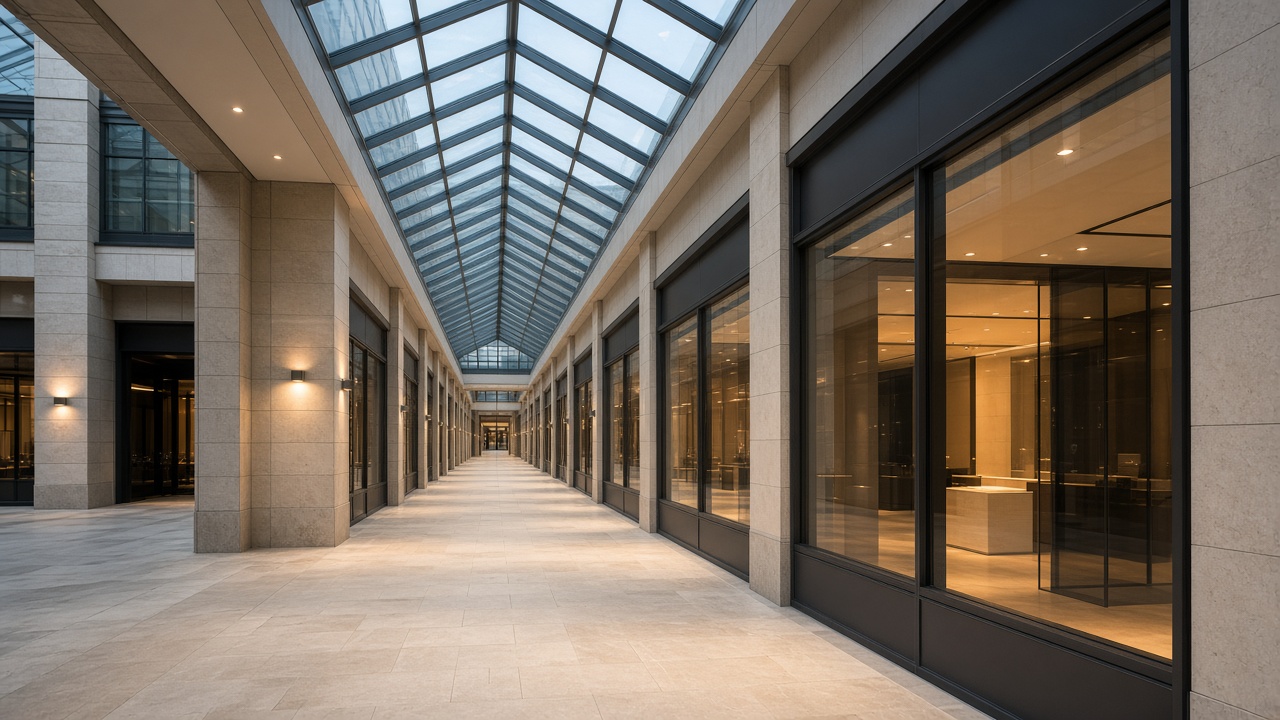 Shopping arcade with aluminium shopfront glazing