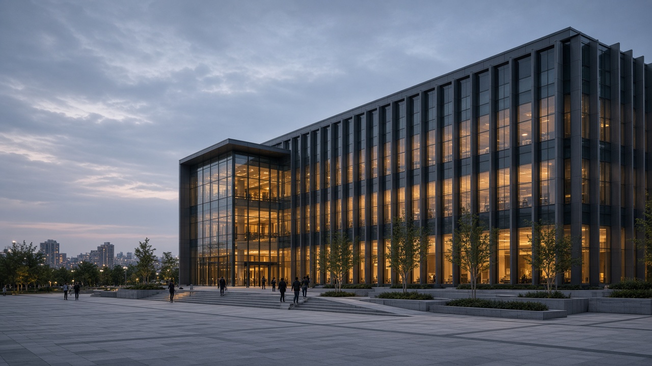 Civic building with aluminium curtain-wall at dusk