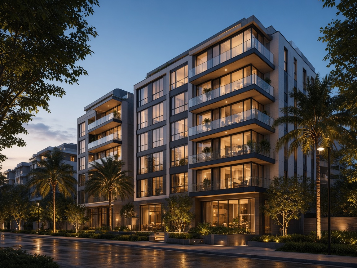 Residential block at dusk with aluminium window-wall
