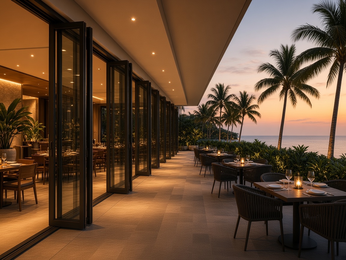 Hotel terrace with folding aluminium doors at sunset