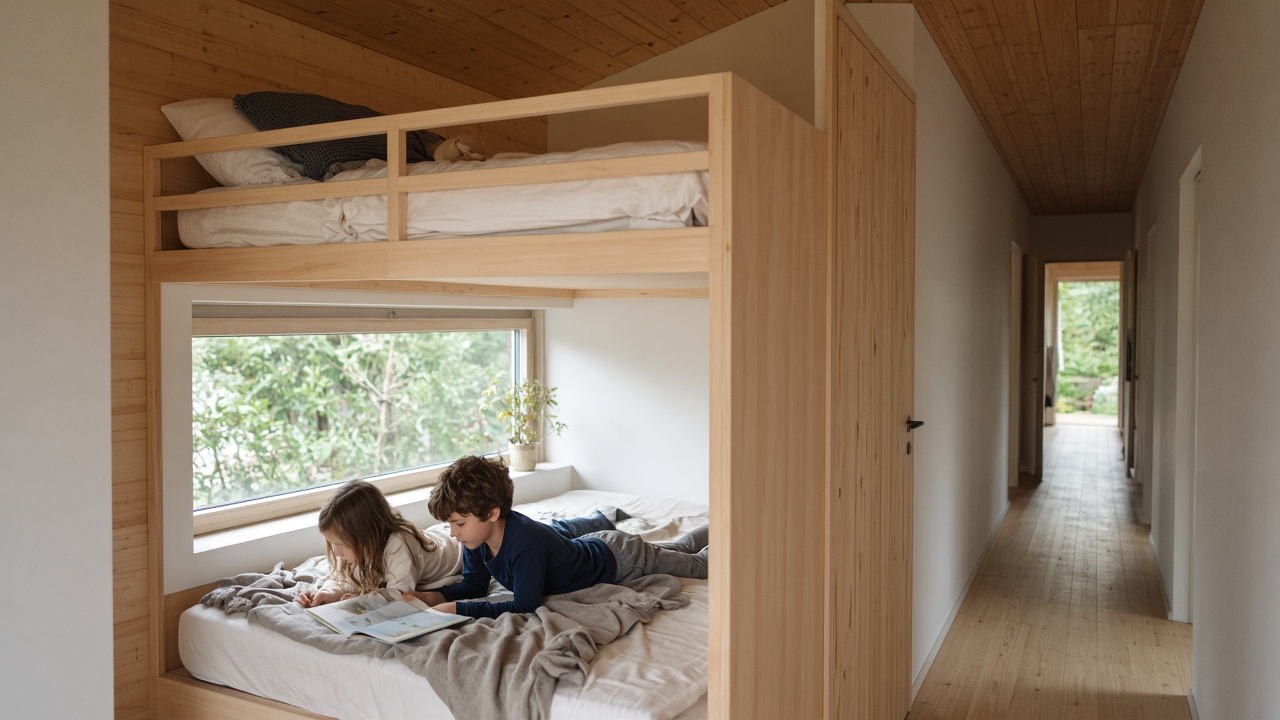 Children reading in a bunk bedroom of a prefab eco house