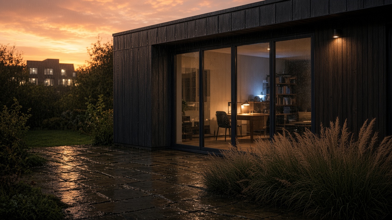 Garden office with sliding glass opening onto the garden