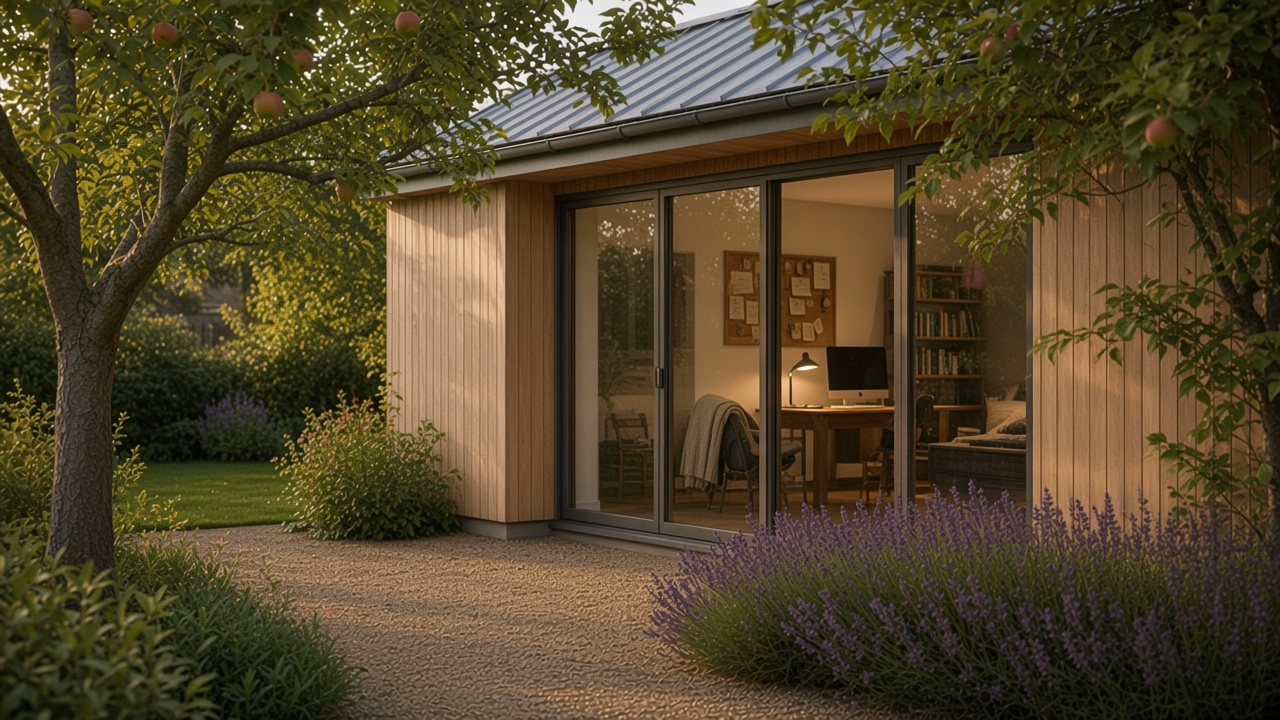 Ash garden office with sliding glass and a desk facing the garden
