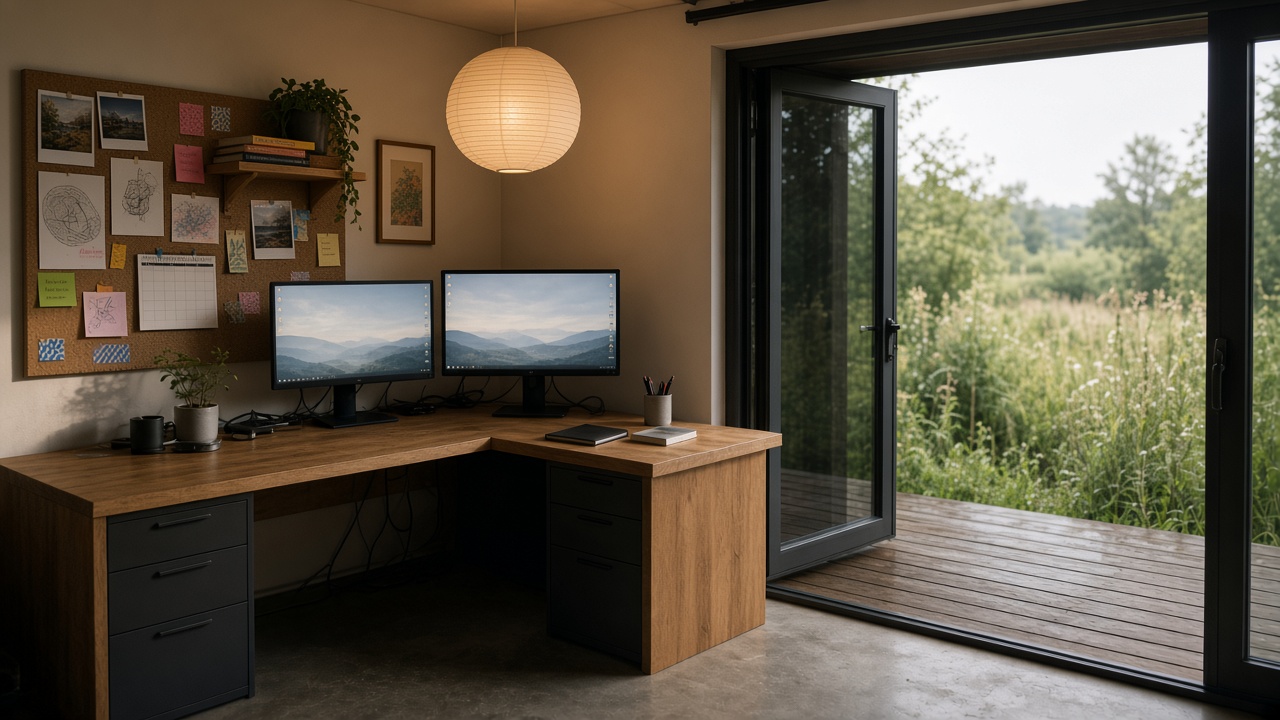 Lived-in garden office desk with dual monitors and open doors