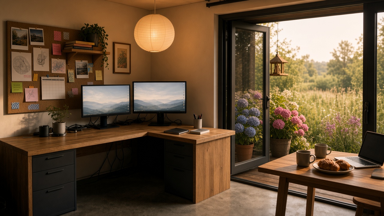 Garden office with open sliding doors to a timber deck breakfast table