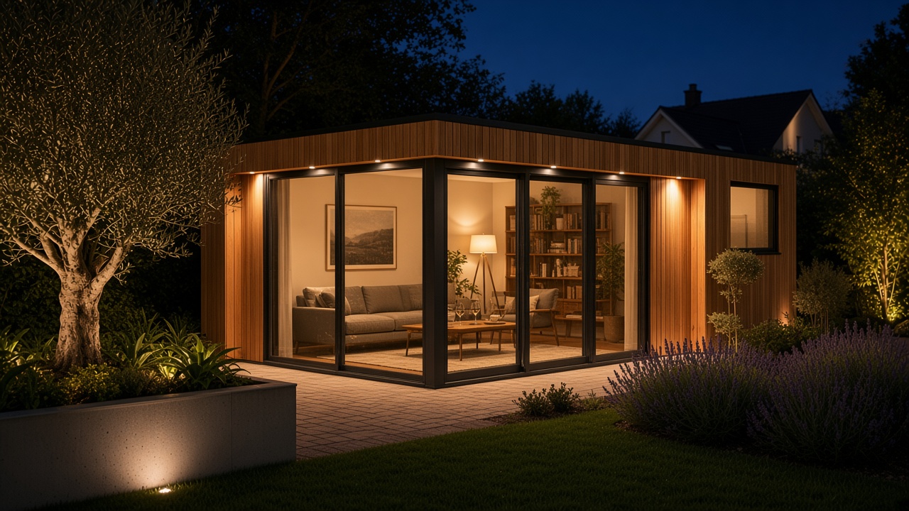 Evening garden living pavilion with warm interior glow