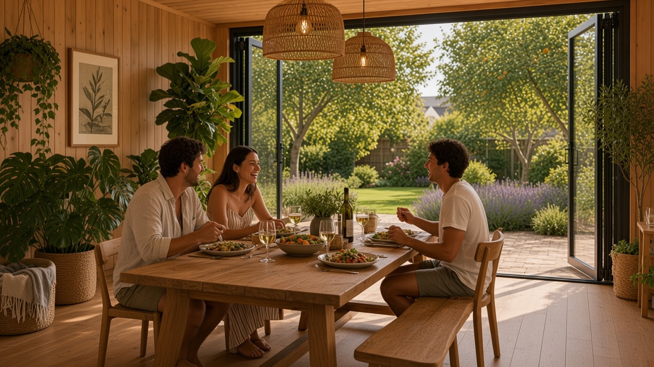 Friends having lunch at a long table in an open garden pavilion