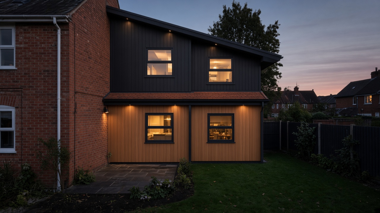 Two-storey modular rear extension on a brick family house