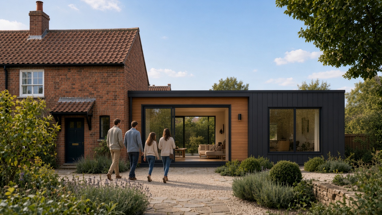Modular living wing attached to a brick house with sliding doors to the garden
