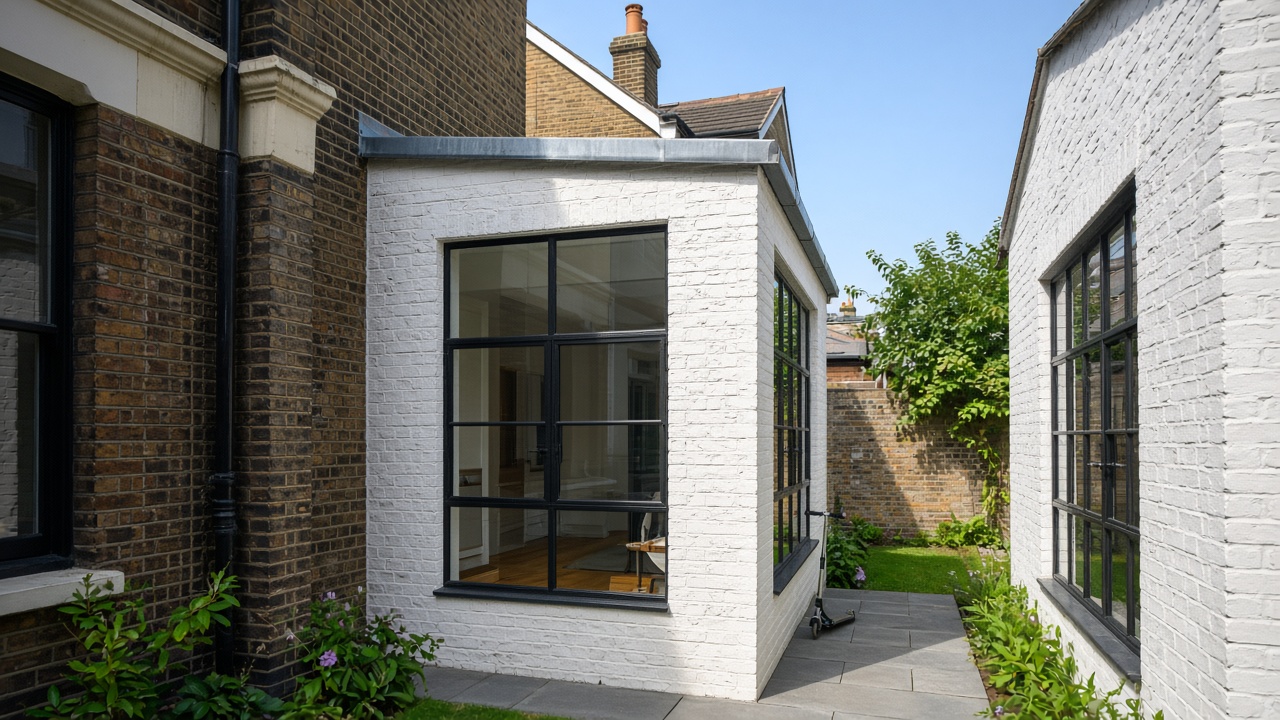 Victorian terrace with narrow white brick side-return extension and Crittall windows