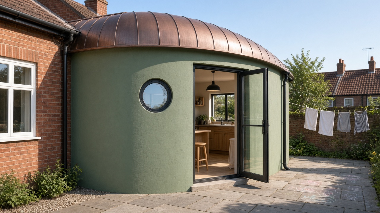 Green render wraparound kitchen extension with copper roof and chalk drawings in courtyard