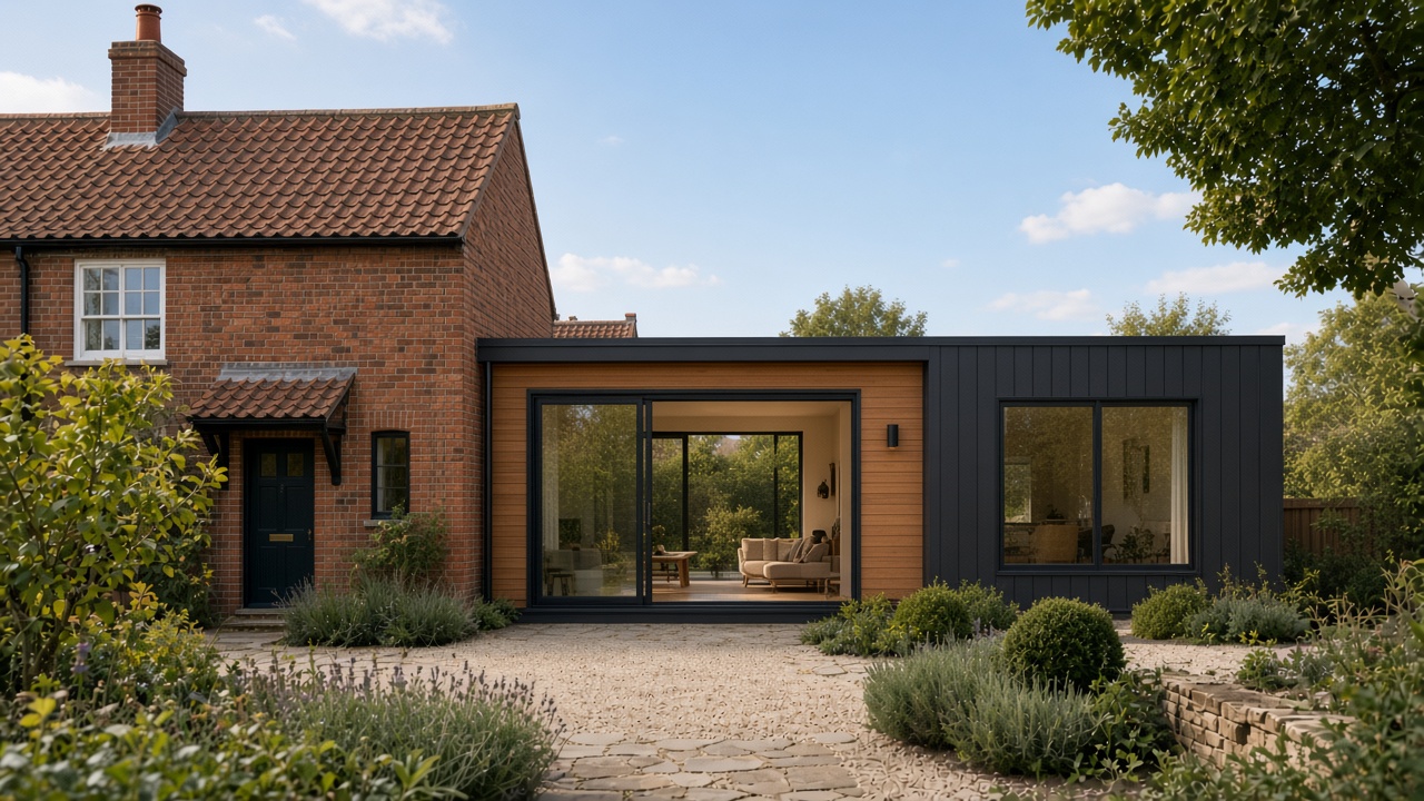 Insulated modular rear extension on a brick family house