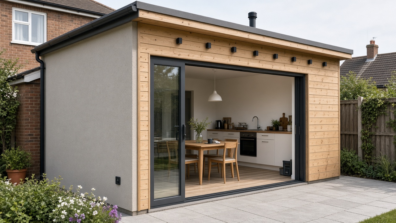 Kitchen-diner modular extension with solid walls and sliding doors