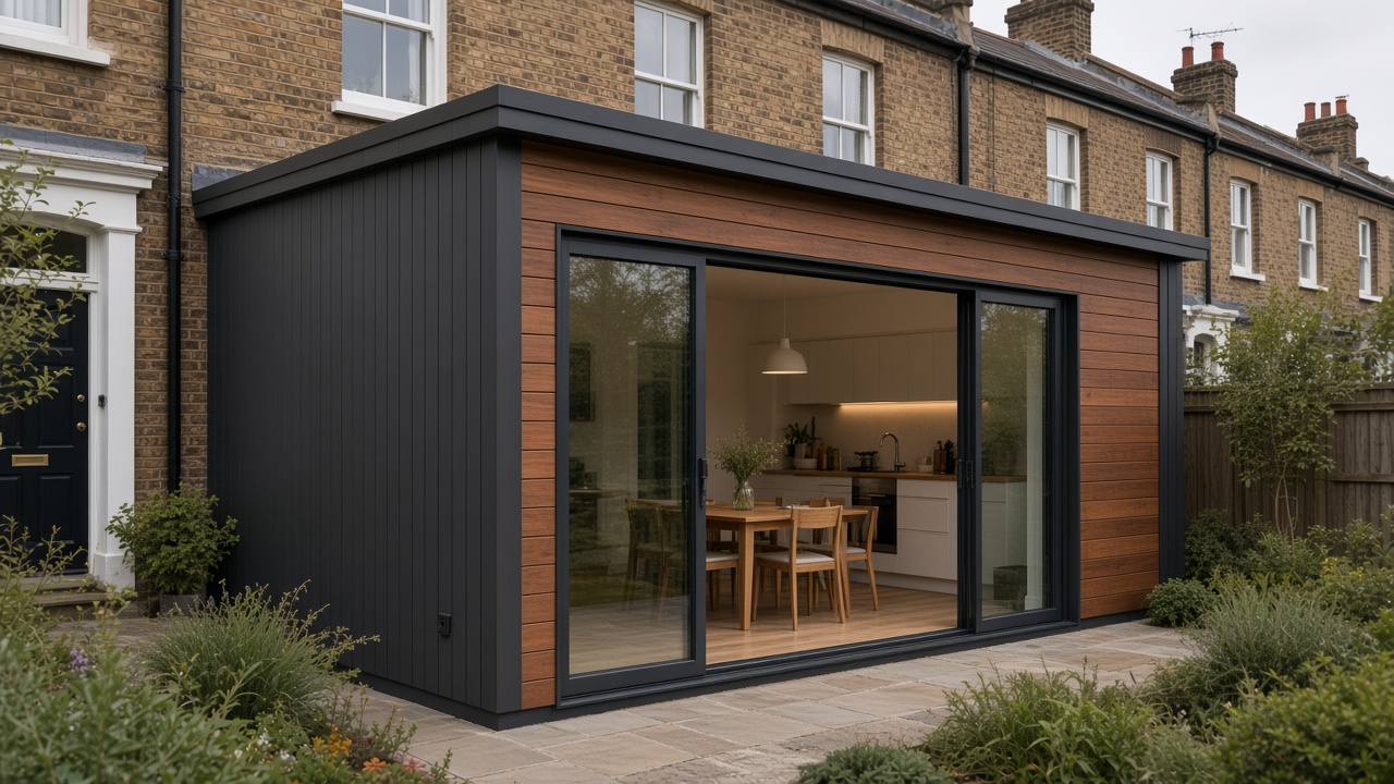 Victorian terrace side-return in charcoal cladding and dark aluminium