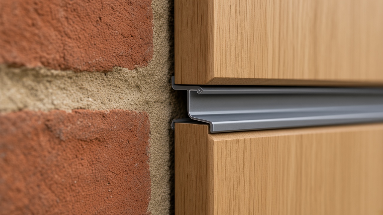 Detail of insulated timber panel junction meeting original brick