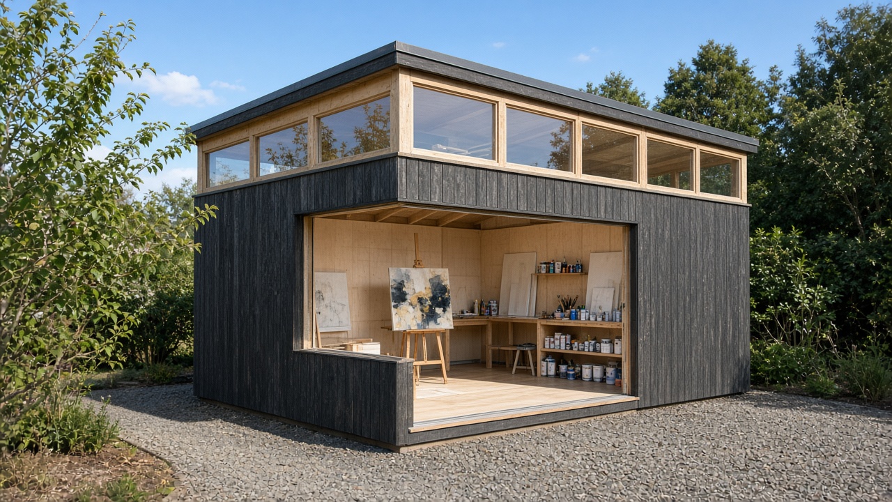 Charcoal artist studio with clerestory light and an easel inside