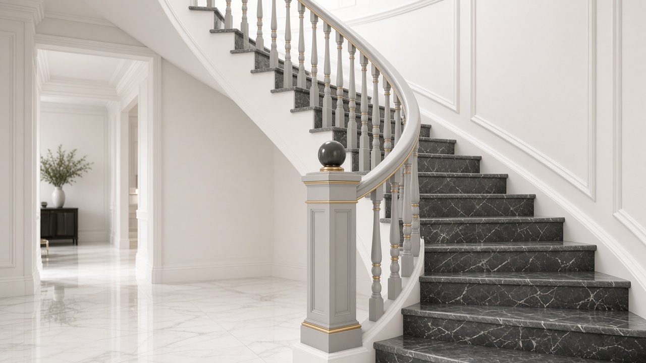 Classic grey turned balusters with gold rings