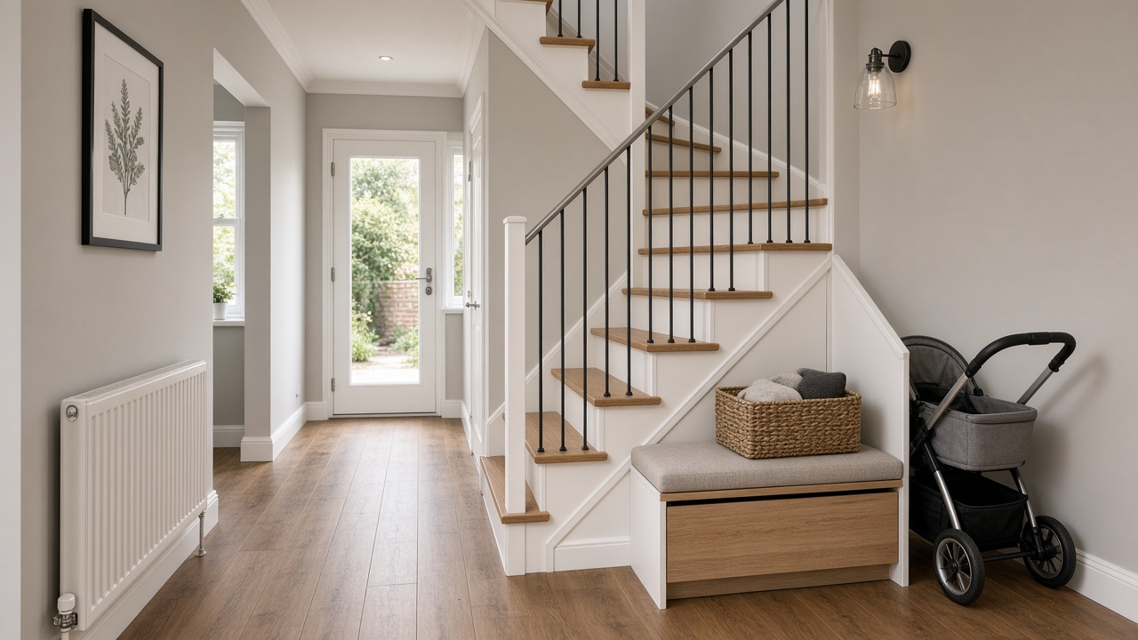 Compact hallway with a slim space-saving stair