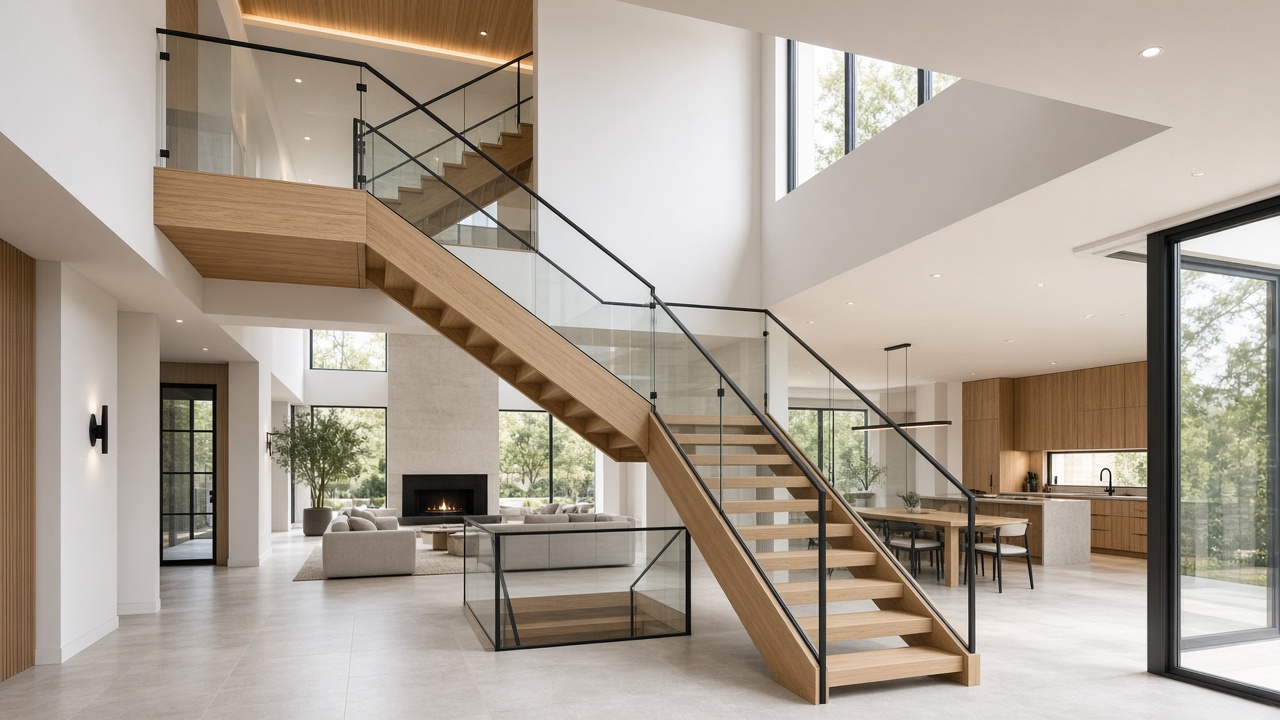 Oak and black metal feature stair in a new house