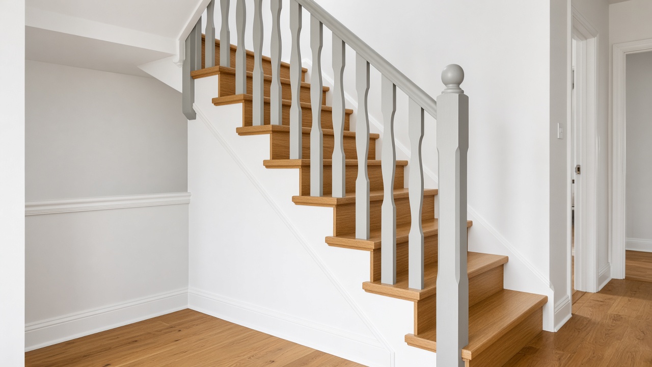 Warm oak stairs with light grey wave-profile balusters and handrail