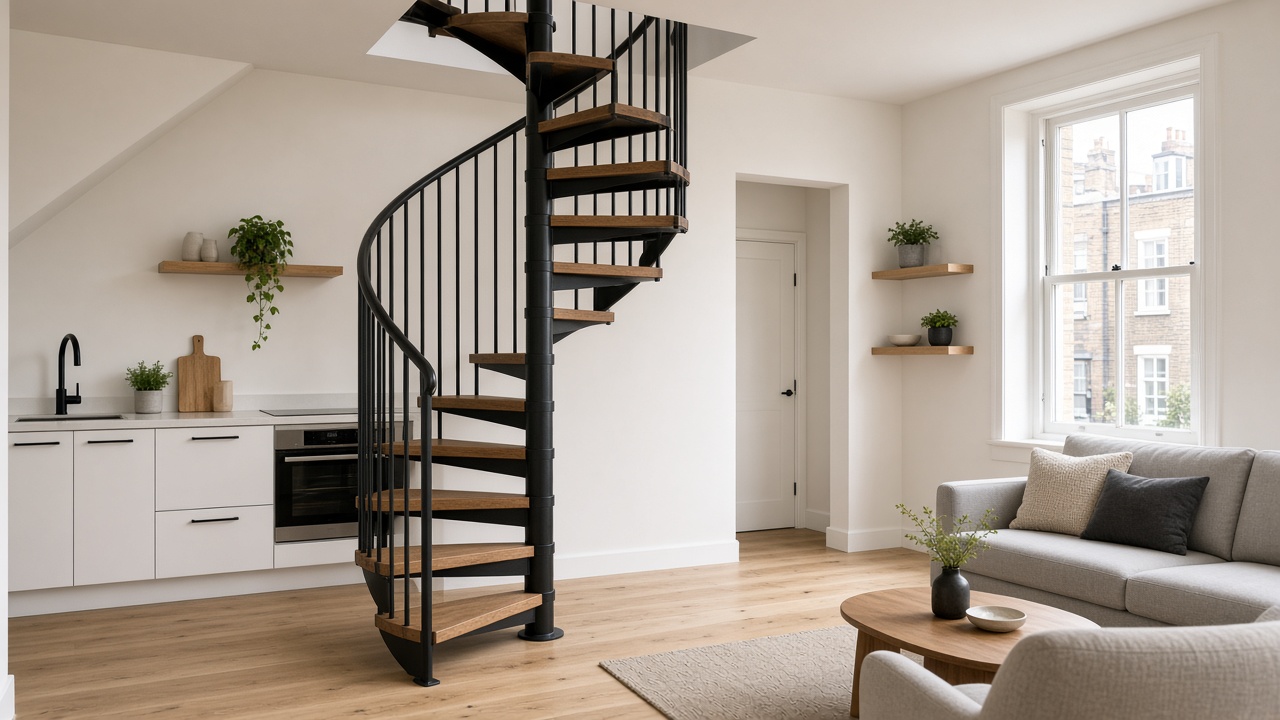 Compact helical staircase saving floor space in a bright flat