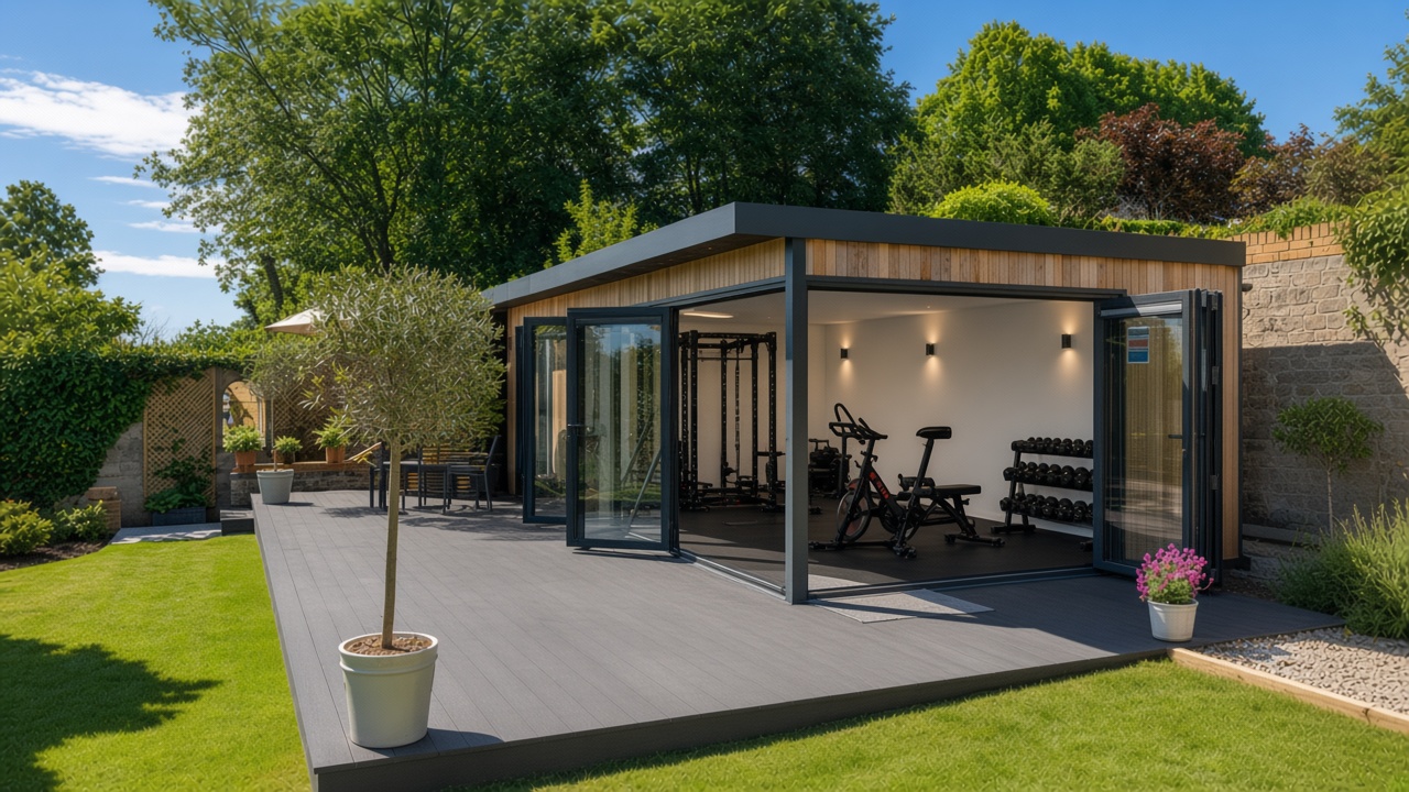 Cedar garden gym with open bifolds and training equipment