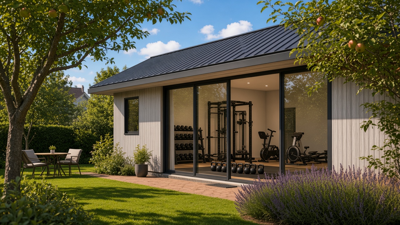 Large mono-pitch garden gym with weights cardio and mat zones